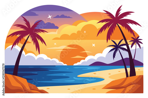 Colorful Sunset Beach Scene with Palm Trees.A vibrant and stylized illustration of a tropical beach at sunset.