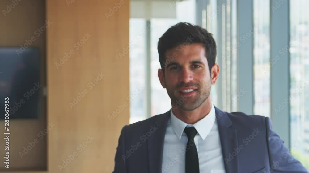 Portrait Of Smiling Businessman Wearing Suit Standing In Modern Office Portrait Of Smiling Businessman Wearing Suit Standing In Modern Office