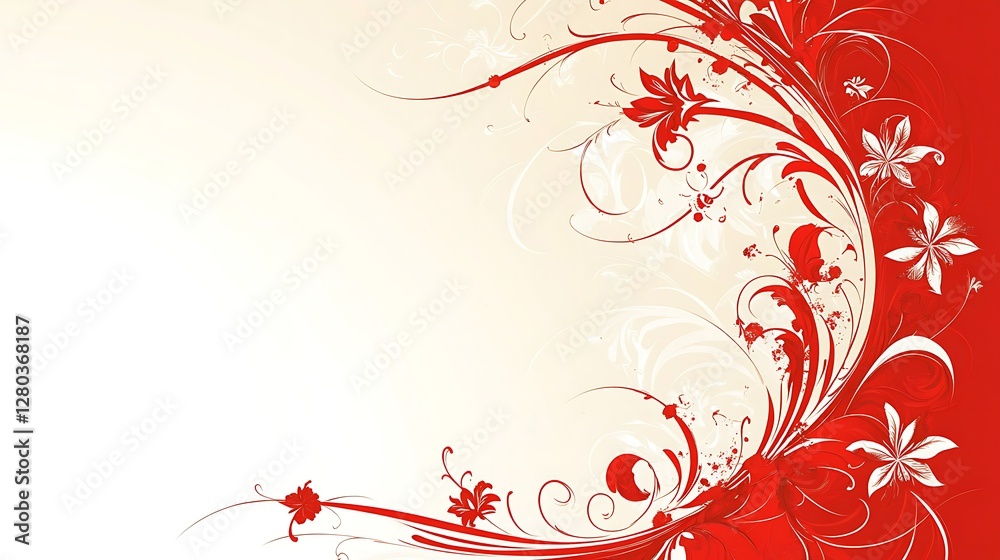 Red Floral Design Swirling Across Cream Background Red Floral Design Swirling Across Cream Background