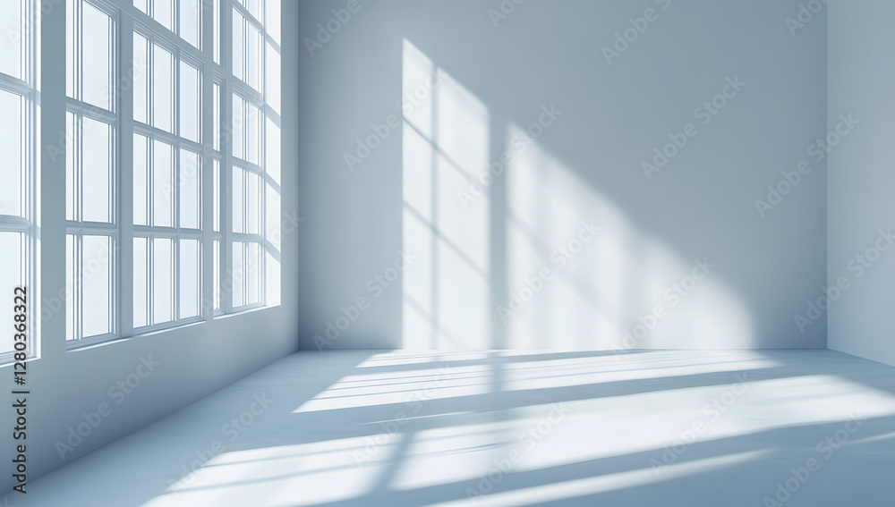 Fototapeta premium Sundrenched empty room bathed in warm light featuring a expansive window and pristine white walls