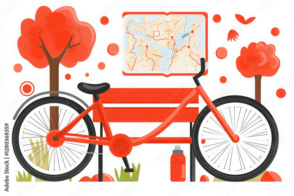 Fototapeta premium A colorful illustration featuring a red bicycle beside a bench, surrounded by red trees and a map, evoking a lively outdoor atmosphere.