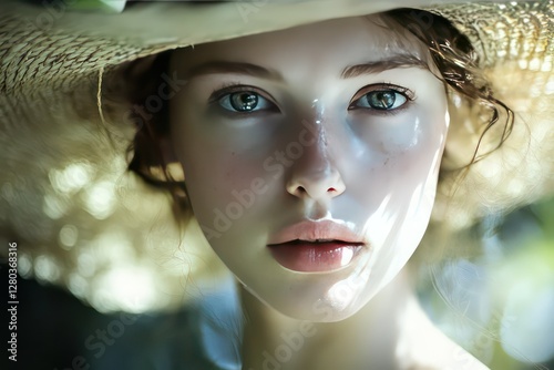A soft-focus portrait of a woman in a straw hat, the interplay of light and shadow giving a poetic summer feel.