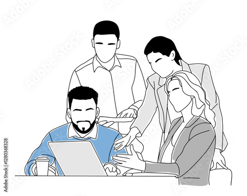 Business team members working together scene. Business men, women Meeting, brainstorming, discussing, taking part in business activities. Vector colored line art illustration 