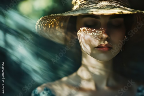 A soft-focus portrait of a woman in a straw hat, the interplay of light and shadow giving a poetic summer feel.
