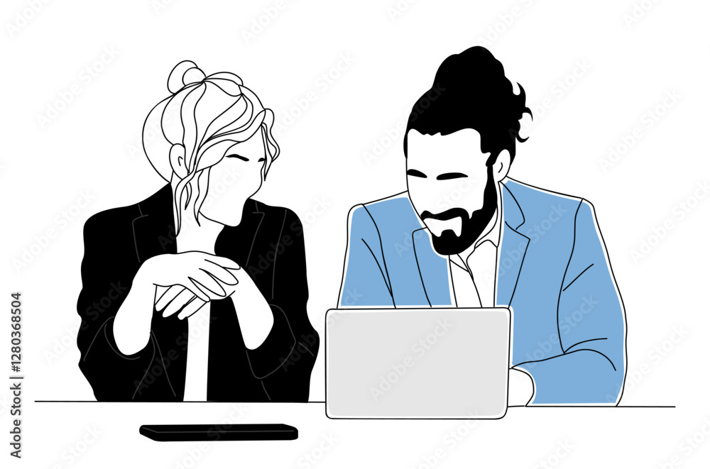 Teamwork business concept illustration. Man and woman sitting together, working on laptop. Modern vector simple outline style drawing for graphic and web design. Isolated Teamwork business concept illustration. Man and woman sitting together, working on laptop. Modern vector simple outline style drawing for graphic and web design. Isolated