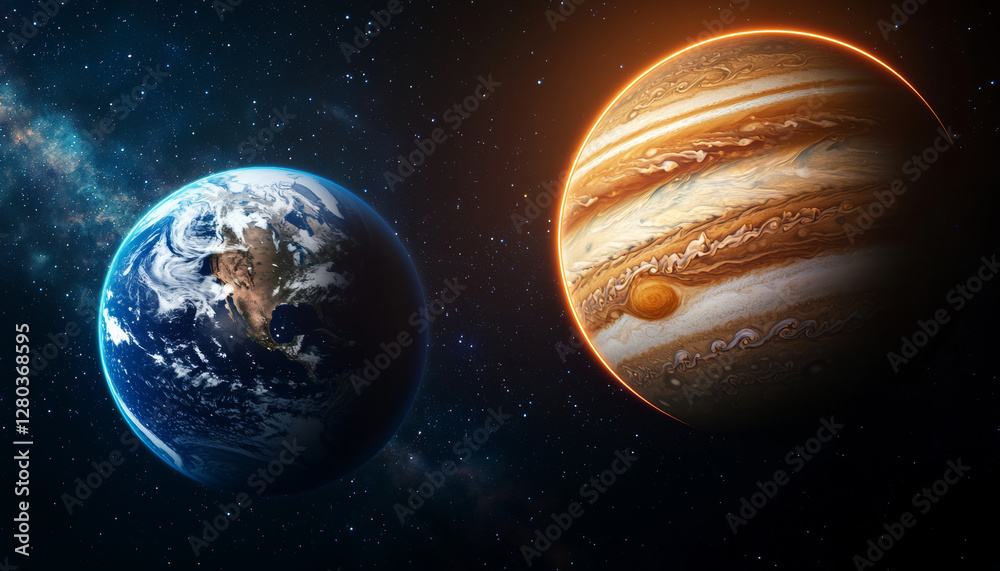 Jupiter and Earth alignment in deep space. Earth and Jupiter aligned in space with glowing rings Jupiter and Earth alignment in deep space. Earth and Jupiter aligned in space with glowing rings
