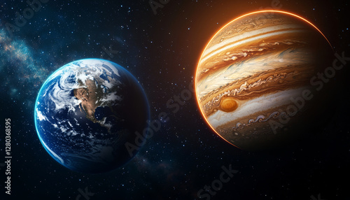 Fototapeta Naklejka Na Ścianę i Meble -  Jupiter and Earth alignment in deep space. Earth and Jupiter aligned in space with glowing rings