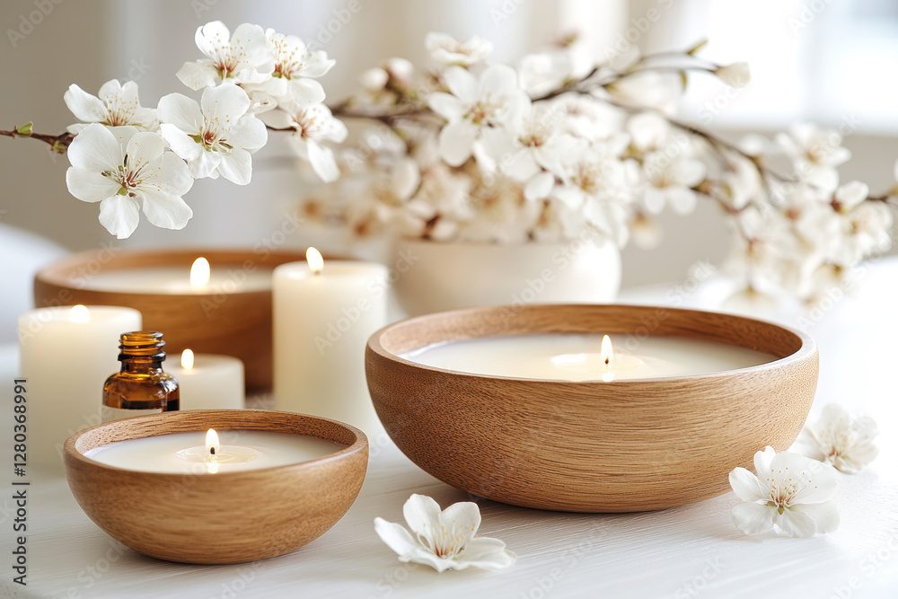 A serene arrangement of candles and cherry blossoms in wooden bowls, creating a tranquil and inviting atmosphere. A serene arrangement of candles and cherry blossoms in wooden bowls, creating a tranquil and inviting atmosphere.
