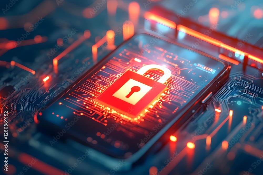 Obraz premium Luminous Padlock Encircled by Encrypted Cyber Flows and Futuristic Hologram on Sleek Smartphone