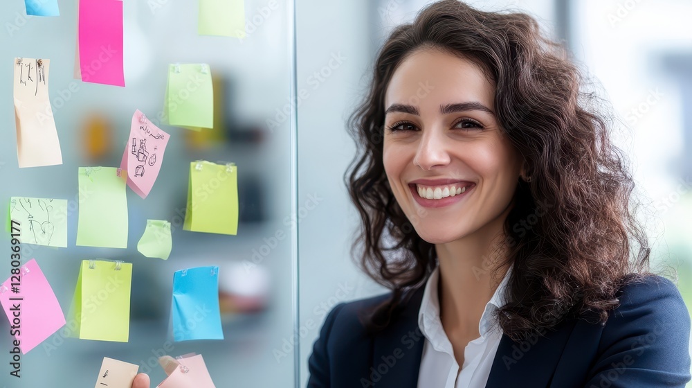 Smiling Businesswoman Adding Colorful Sticky Notes to Glass Partition in Modern Office Smiling Businesswoman Adding Colorful Sticky Notes to Glass Partition in Modern Office