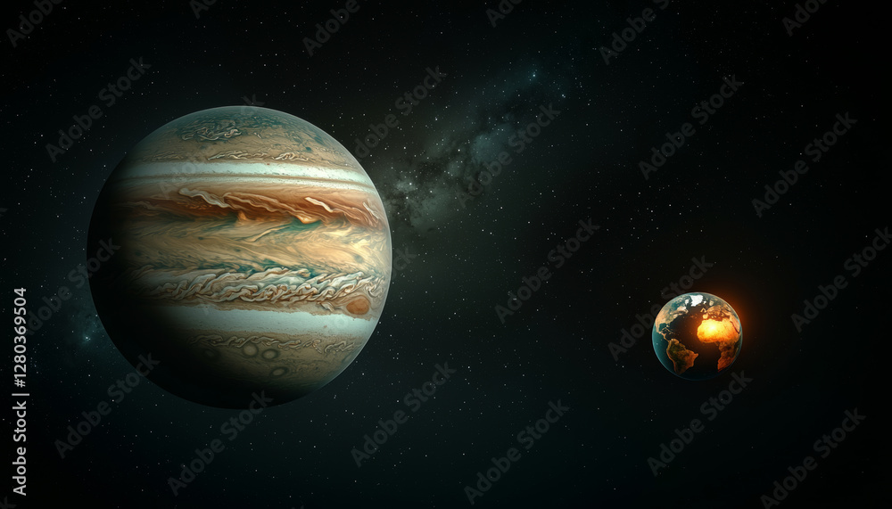 Jupiter and Earth alignment in deep space. Jupiter and Earth under solar glow, highlighting size contrast