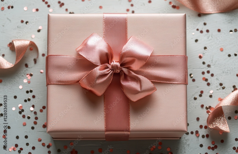 Elegant gift box wrapped in soft pink ribbon with a delicate bow, surrounded by scattered confetti and ribbon on a light background Elegant gift box wrapped in soft pink ribbon with a delicate bow, surrounded by scattered confetti and ribbon on a light background