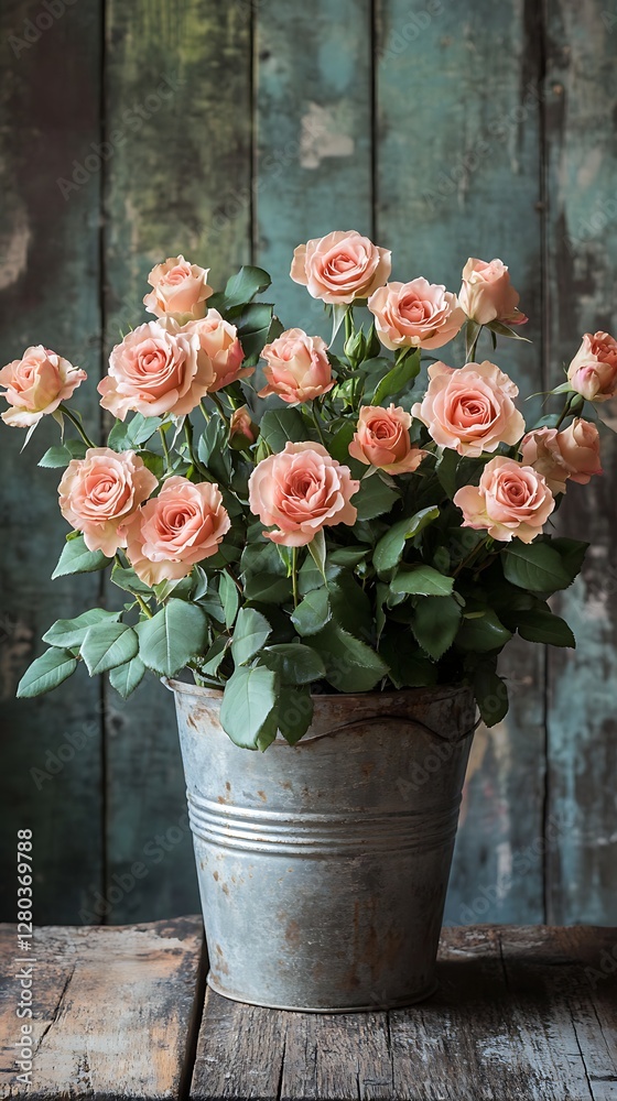 Fototapeta premium Pink roses in vintage bucket