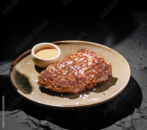 Grilled steak served on a plate with sauce and seasoning