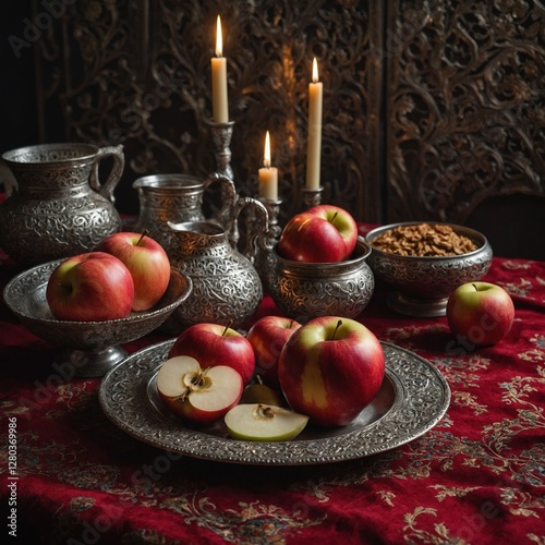 A vibrant Haft-Seen table, capturing the spirit of Nowruz with a shining red apple at its core, set against a tranquil background.