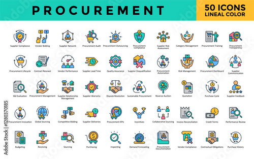 Procurement icons set with supplier compliance, vendor bidding, supplier network, procurement audit, procurement outsourcing, procurement compliance icon. Simple lineal color vector 
