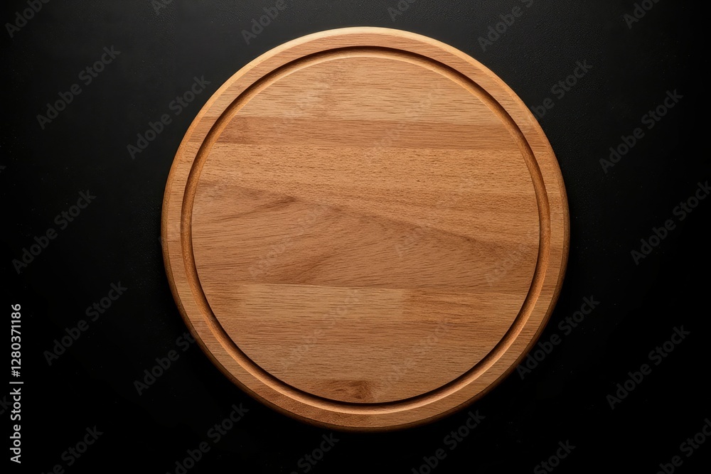 A circular wooden cutting board sits against a black surface A circular wooden cutting board sits against a black surface