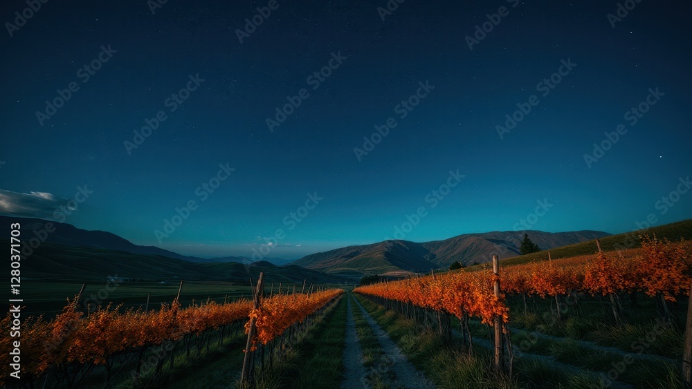 A vineyard with rows of grapevines under a clear night sky with stars, surrounded by mountains.