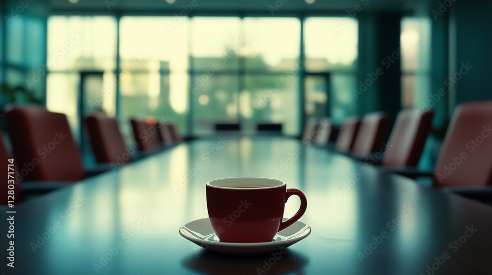 Coffee mug on a table in an empty conference room, meeting room – concept of workplace, business meetings, and corporate atmosphere for office Coffee mug on a table in an empty conference room, meeting room – concept of workplace, business meetings, and corporate atmosphere for office