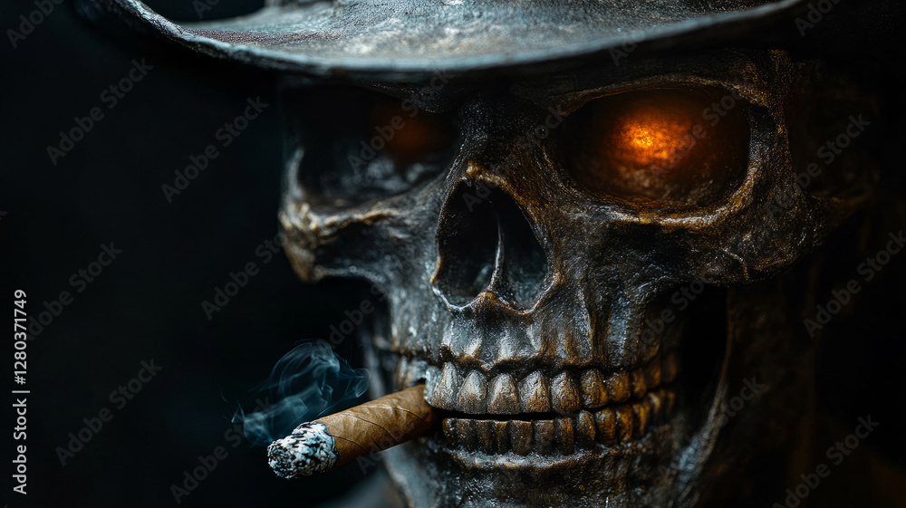 Fototapeta premium Skull wearing a hat with glowing eyes and a cigar.