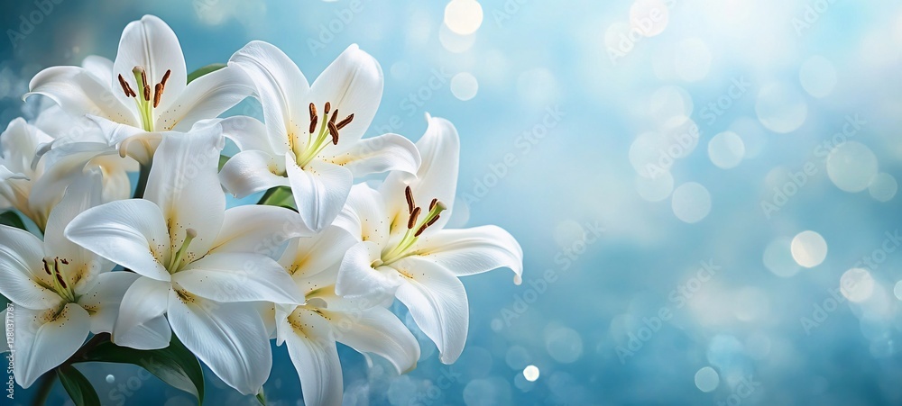 A serene composition of white lilies in full bloom with a dreamy blue background, perfect for greeting cards, promotions, or event invitations. A serene composition of white lilies in full bloom with a dreamy blue background, perfect for greeting cards, promotions, or event invitations.