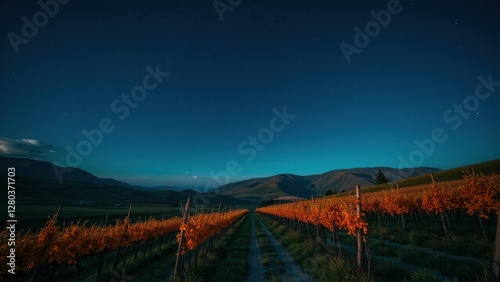 Obraz na płótnie A vineyard with rows of grapevines under a clear night sky with stars, surrounded by mountains. w salonie