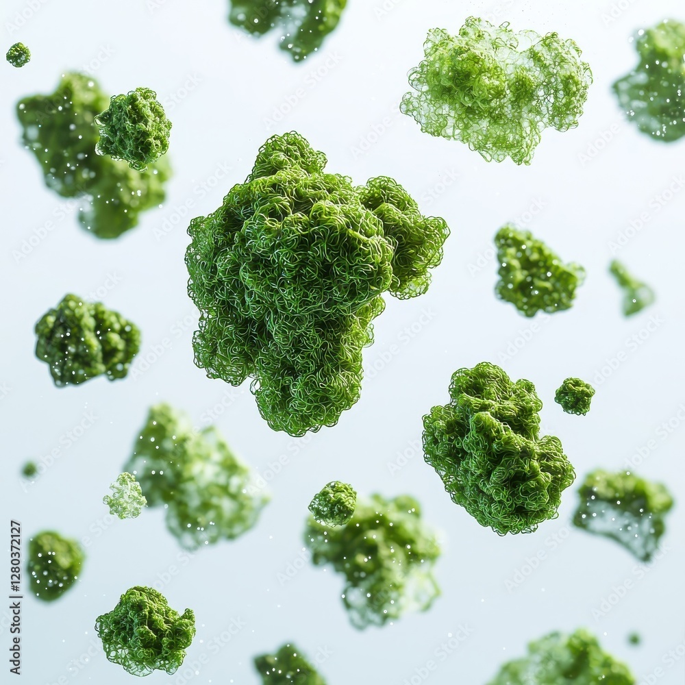 Floating moss, organic shapes, isolated on white background.