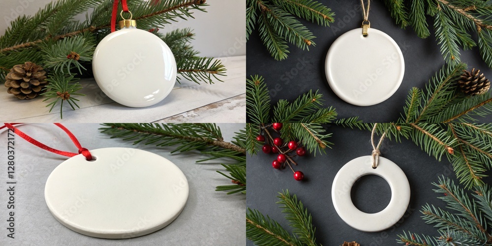 A collection of white ornaments with a red ribbon. The ornaments are arranged in a grid with a black background A collection of white ornaments with a red ribbon. The ornaments are arranged in a grid with a black background