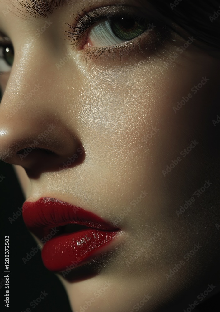 Fototapeta premium Close-up portrait of a woman's face. the focus is on her face, with her eyes looking directly at the camera. she has long, dark eyelashes and her eyebrows are slightly furrowed.
