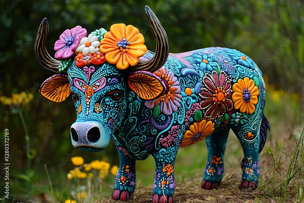 Obraz premium Ornate Floral Cow Sculpture in Lush Garden