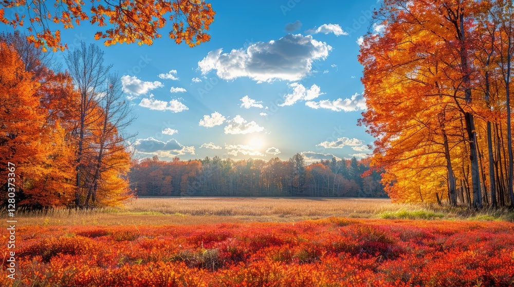 Fototapeta premium Vibrant Autumn Landscape Sunlit Fall Foliage Red Berries and Golden Trees