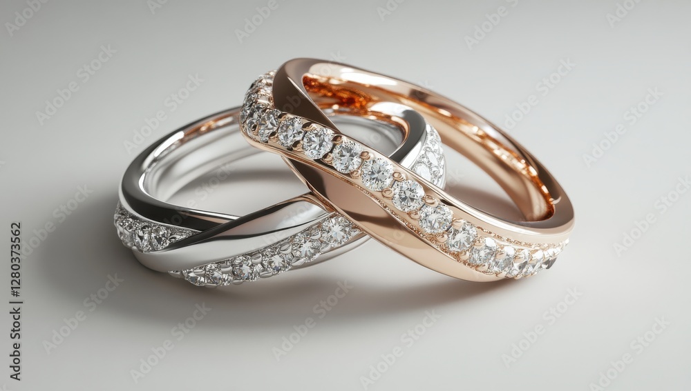 Elegant intertwined rings with sparkling gemstones, showcasing intricate design in silver and rose gold tones on a soft gradient background Elegant intertwined rings with sparkling gemstones, showcasing intricate design in silver and rose gold tones on a soft gradient background