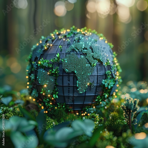 Illuminated Earth Globe with Lush Greenery Sustainable Ecology Concept