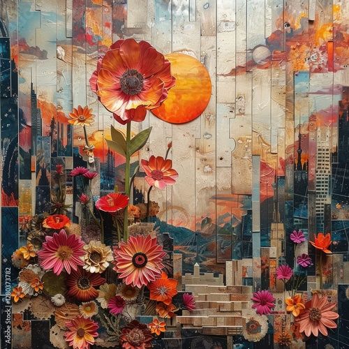 Vibrant Floral Collage Artwork Featuring Cityscape Sunset and Large Orange Flower