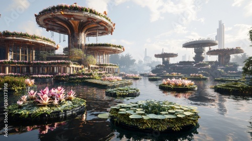 Serene Futuristic Landscape with Floating Gardens and Tranquil Water Reflections in a Lush Botanical Oasis