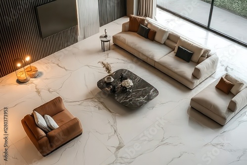 A spacious and elegant 3D living room with an open floor plan, stylish furniture, marble flooring, and integrated soft LED lighting