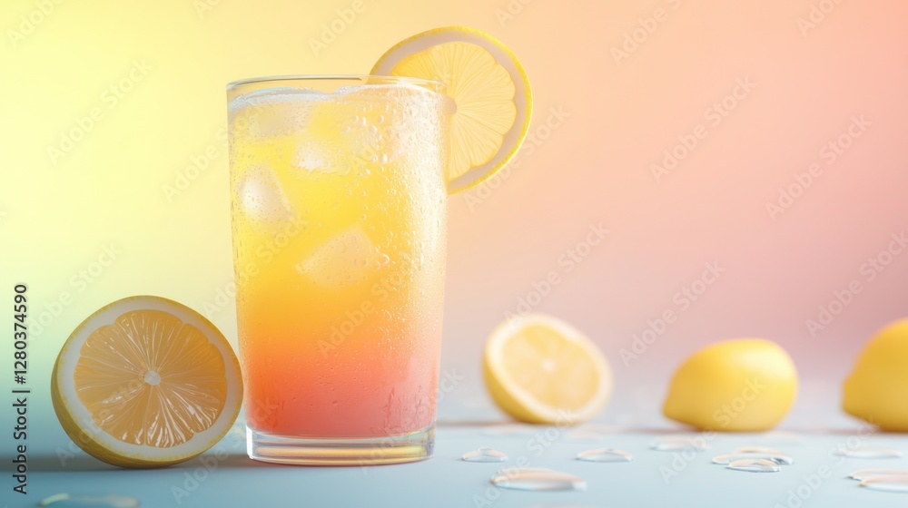 A glass of lemonade with an ombre effect, transitioning from yellow to orange. A glass of lemonade with an ombre effect, transitioning from yellow to orange.