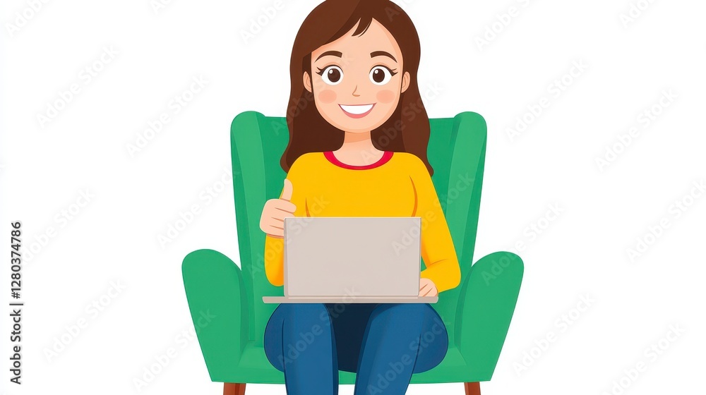 Smiling Woman Using Laptop in Green Armchair, Pixel Art Illustration