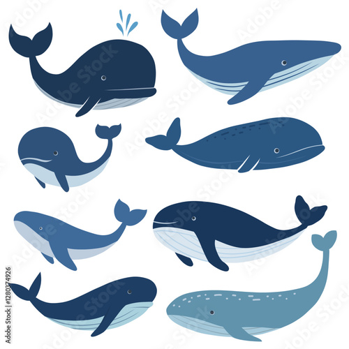 Vector flat set of hand drawn whales isolated from background. Collection of fish in childish style