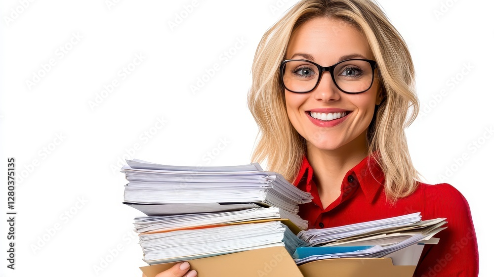 Smiling Woman with Blonde Hair and Glasses Holding Documents Smiling Woman with Blonde Hair and Glasses Holding Documents
