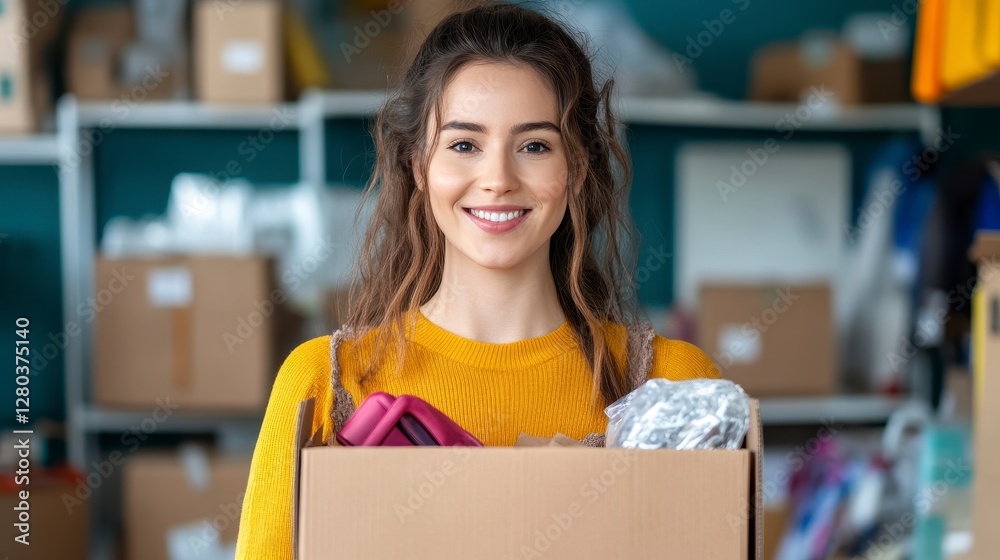 Smiling Woman with Cardboard Box in Warehouse Smiling Woman with Cardboard Box in Warehouse