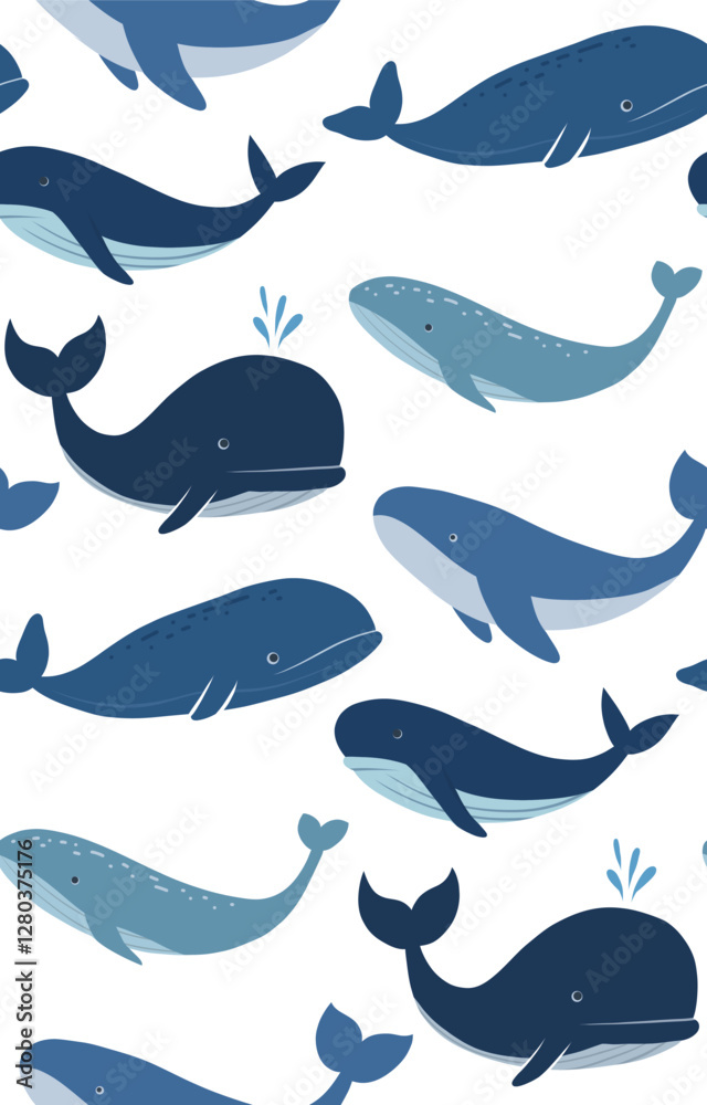 Vector flat seamless pattern with blue hand drawn whales on white background. Background with fish in childish style Vector flat seamless pattern with blue hand drawn whales on white background. Background with fish in childish style