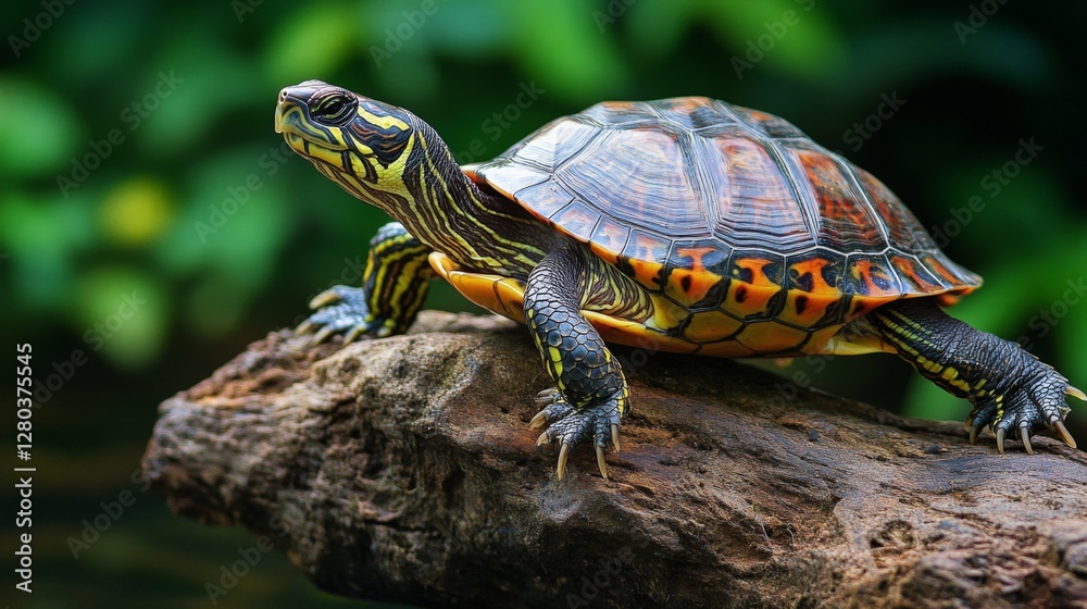 Colorful Turtle on Dark Wood Log in Lush Green Setting Colorful Turtle on Dark Wood Log in Lush Green Setting