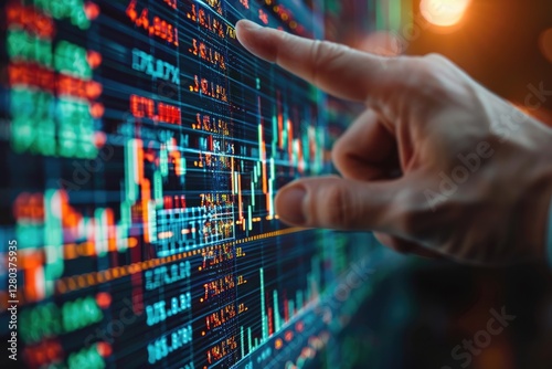 Analyzing Financial Data Close up of Hand Interacting with Stock Market Information Display