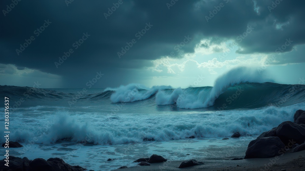 Obraz premium Dark clouds loom over a turbulent ocean with large waves crashing onto a rocky shore