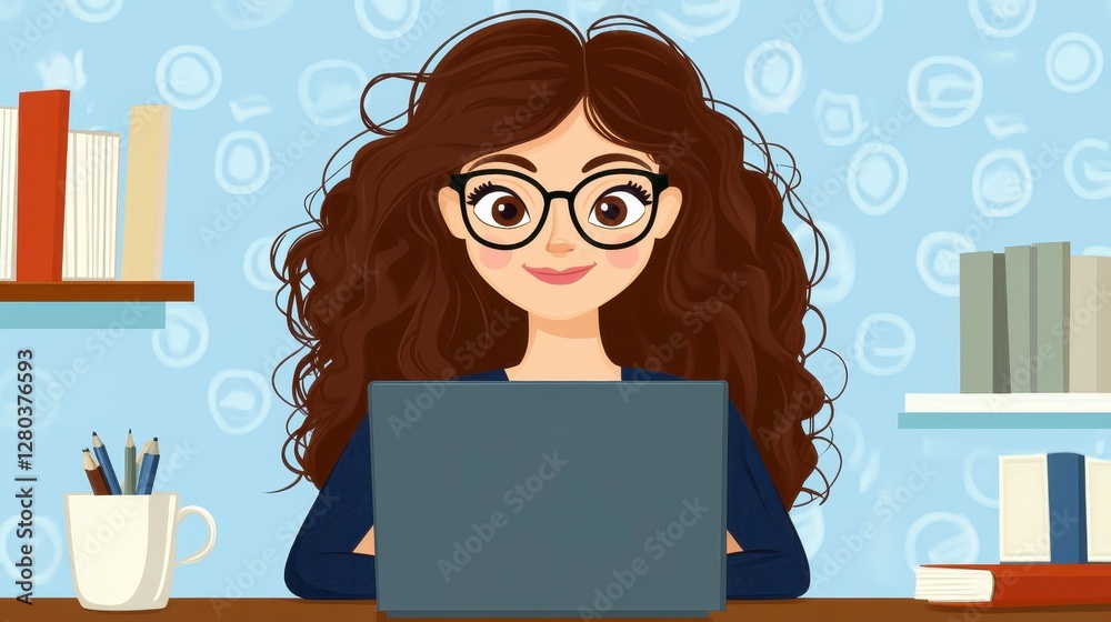 Smiling Woman Working on Laptop in Pixel Art Style Smiling Woman Working on Laptop in Pixel Art Style