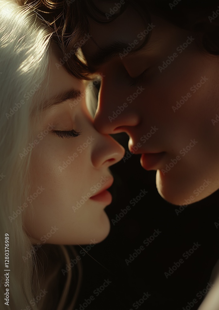 Close-up portrait of a man and a woman's face. the man is on the left side of the image, with his eyes closed and his head resting on the woman's shoulder. Close-up portrait of a man and a woman's face. the man is on the left side of the image, with his eyes closed and his head resting on the woman's shoulder.