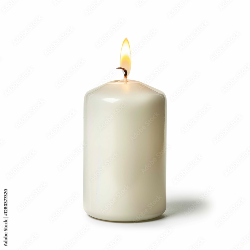 Elegant Single Candle Flame Illuminating Soft Light in Isolated Still Life Setting on White Elegant Single Candle Flame Illuminating Soft Light in Isolated Still Life Setting on White