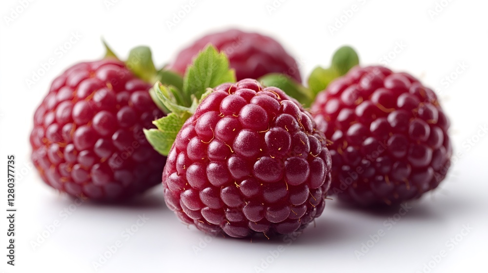 Fresh raspberries showing tiny green leaves on white background Fresh raspberries showing tiny green leaves on white background