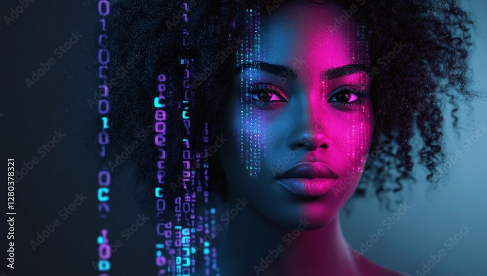 Woman's Face with Binary Code: Futuristic Portrait Woman's Face with Binary Code: Futuristic Portrait